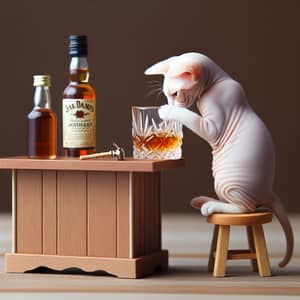 Bald Cat Indulging in Whiskey at Miniature Wooden Bar