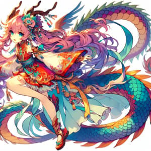 Anime-Style Girl with Dragon Features | Vibrant & Colorful Design