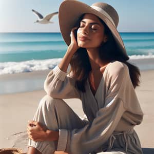 Hispanic Woman Enjoying Sunny Day on Beach | Beach Wear & Floppy Hat