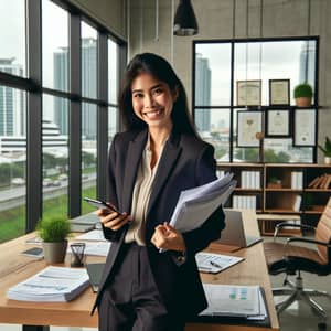 Cheerful South Asian Female Financier in Office Setting