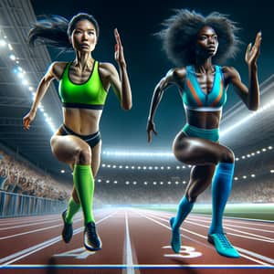 Athletic Sprint Race: Asian vs Black Woman on Professional Track