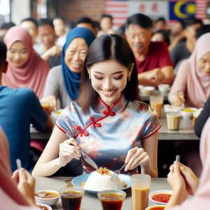 Traditional Chinese Woman Dining in Bustling Malaysian Coffee Shop