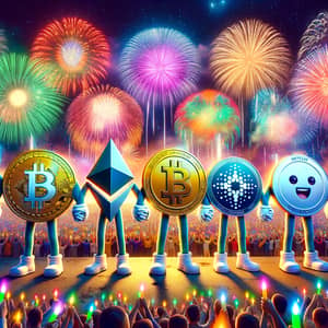 Cryptocurrency New Year 2024 Celebration with Bitcoin, Ethereum, XRP