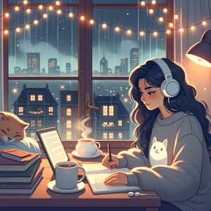 Young Hispanic Woman Studying in a Cozy Room with Lofi Theme