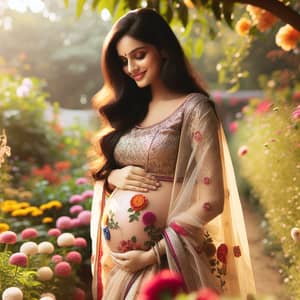 Indian Pregnant Female in Traditional Saree | Peaceful Garden Scene