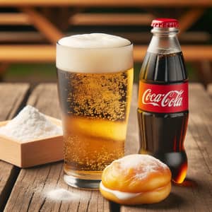 Chilled Beer, Cola, and Pola on Wooden Picnic Table