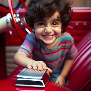 Mischievous Young Middle-Eastern Boy Pressing Hard on Red Car Pedal
