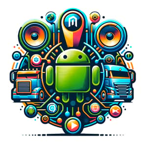 Colorful Infotainment Team Logo with Speakers, Trucks, Android & Navigation