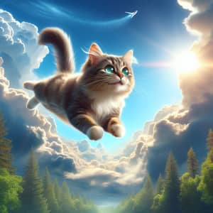Flying Cat Soaring Over Tree Line | Fantasy Sky Scene