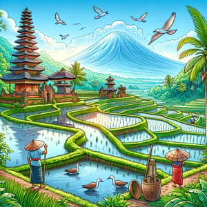 Serene Balinese Rice Terrace with Temple and Volcano View
