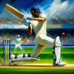 Professional Cricket Player Oil Painting in Dynamic Action