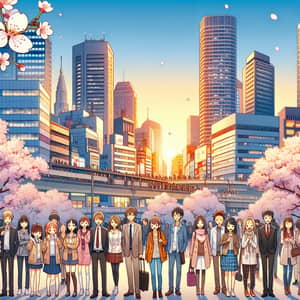 Happy Anime Cityscape with Cherry Blossoms - Joyful Scene