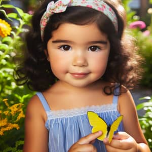 Hispanic Girl Playing with Yellow Butterfly in Garden