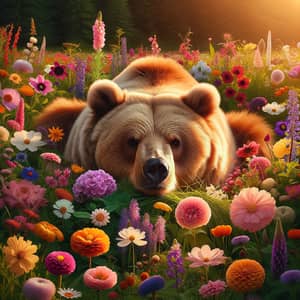 Peaceful Bear in Meadow Surrounded by Vibrant Blooming Flowers