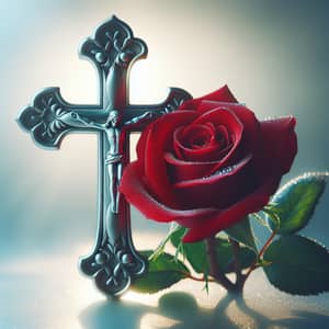 Vibrant Red Rose Wrapped Around Cross