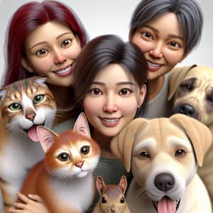 Adorable Group Huddle with Red-Haired Kitten, Labrador Dog, Woman, and Squirrel