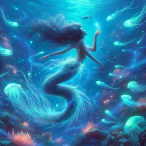 Surreal Underwater Scene with South Asian Mermaid and Bioluminescent Sea Creatures