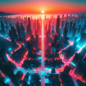 Vibrant Cyberpunk Cityscape at Sunset | Aerial Drone View