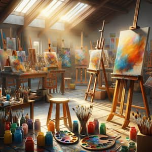 Vibrant Art Studio with Colorful Canvas and Paintbrushes