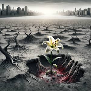 Resilient Lily in Desolate Ash Field – A Symbol of Hope and Struggle