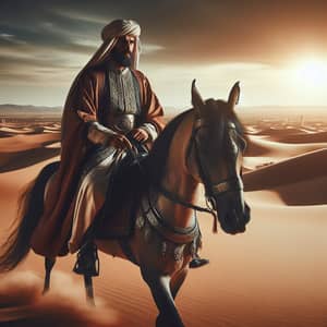 Middle-Eastern Warrior Riding Horse in Vast Desert