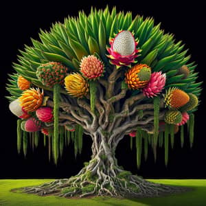 Unique Organism: Tree with Oak Trunk, Willow-Like Branches, Banana Leaves, Tulip Flowers & Dragon Fruit-Peach Fruits