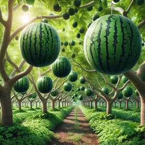 Unique Orchard: Lush Green Trees Bearing Ripe Watermelons