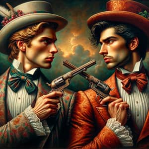 Captivating Portrayal of Elegant Gentlemen in Intense Pistol Duel