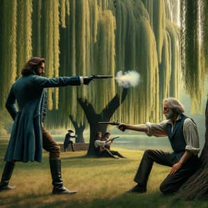 19th Century Duel Scene Amid Weeping Willows