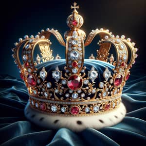 Extravagantly Large Royal Crown with Diamonds and Rubies on Blue Velvet