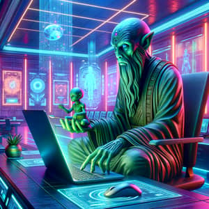 Futuristic Sage Alien Master Working on Laptop in Cyberpunk Office Setting