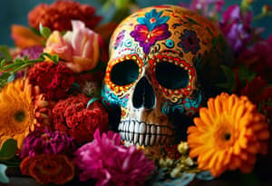 Intricately Decorated Human Skull with Day of the Dead Motifs