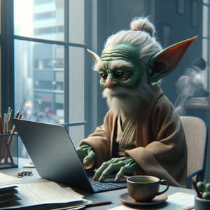Elderly Green-Skinned Character Working on Laptop in Modern Office