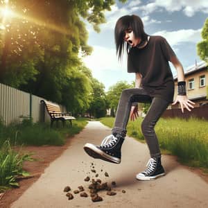 Young Emo Girl Steps in Dog Droppings - Humorous Scene on Sidewalk