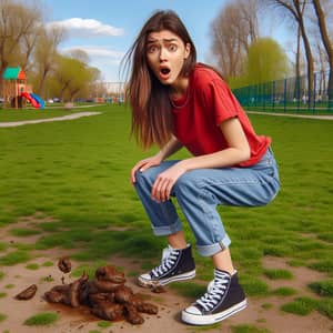 Surprised Girl Steps on Dog Poo: Unexpected Mishap in the Park