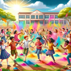 Joyous Celebration of Holi Festival in Diverse School Setting