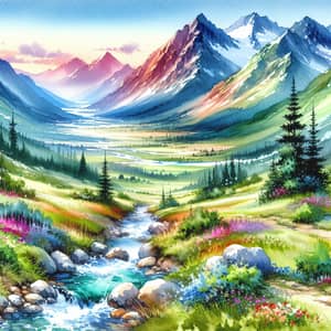 Tranquil Mountain Landscape Watercolor Painting