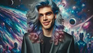Villainous Anti-Hero with Blue & Purple Hair in Cosmic Universe