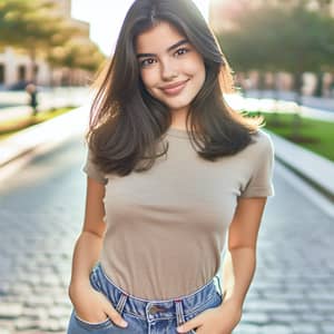 20-Year-Old Hispanic Woman | Casual & Natural Look - City Park Background