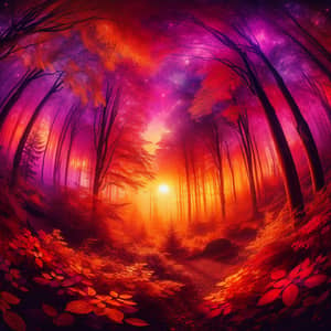 Mystical Forest Scene at Sunset: Vibrant Colors & Dreamlike Atmosphere