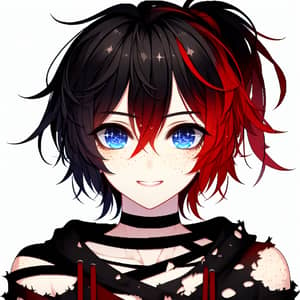 Anime-Style Boy Character with Black and Red Hair in Ponytail