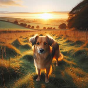 Friendly Mixed Breed Dog in Grassy Field at Sunset