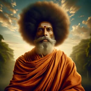 Peaceful Indian Spiritual Leader with Afro in Orange Robes