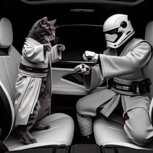 Jedi Cat vs Intergalactic Peacekeeper in Sports Car | Stylized Art