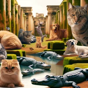 Tranquil Yet Thrilling Scene: Cats, Dogs, Alligators & Ancient Tombs