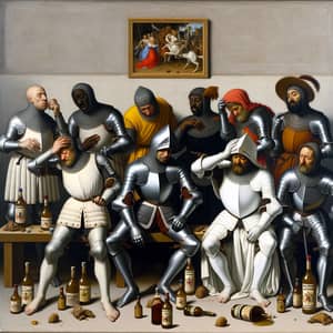 Humorous Renaissance Painting of Diverse Knights and Koumiss Indulgence