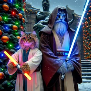 Feline Jedi Duel with Human - Festive Holiday Scene