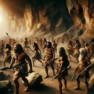 Dramatic Stone Age Hunt Scene with Diverse Cavepeople