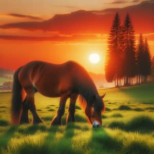 Brown Horse Grazing in Sunset Field | Peaceful Scene