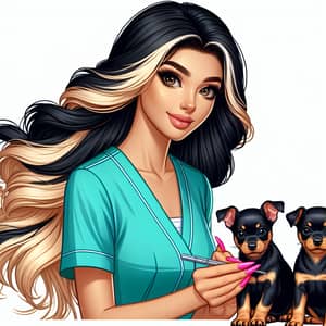 Colorful Illustration of Long-Haired Veterinary Assistant with Miniature Pinscher Puppies